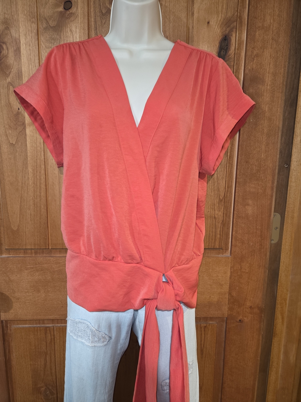 Nine West Coral Tie-Waist Faux Wrap V-Neck Blouse